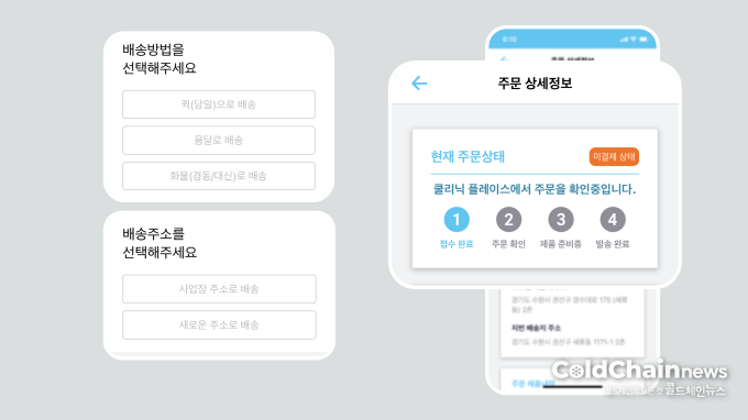 스토어에서 제품 구매 시 배송 방법(좌 위), 배송 위치(좌 아래) 선택 화면, 제품 출고까지 실시간으로 정보가 공유되는 파트너 제공 화면(우).