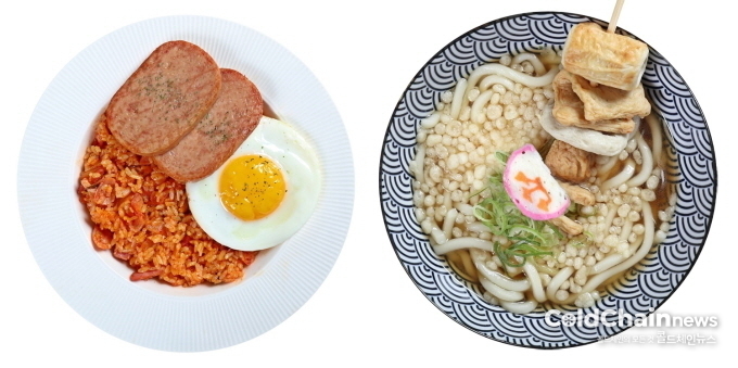 두가지컴퍼니가 론칭한 ‘밥앤동’의 대표 메뉴인 스팸 김치볶음밥(좌)과 어묵우동.