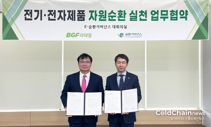 양재석 BGF리테일 실장(우)과 정덕기 E-순환거버넌스 이사장이 MOU를 체결하고 기념촬영하고 있다.