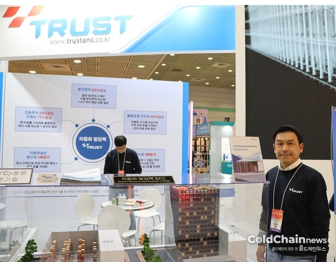 ‘2025 푸드위크 코리아’에 참석한 이준우 트러스트 대표가 ‘자동화빌딩랙(Automated Building Rack)’ 모형을 공개했다.