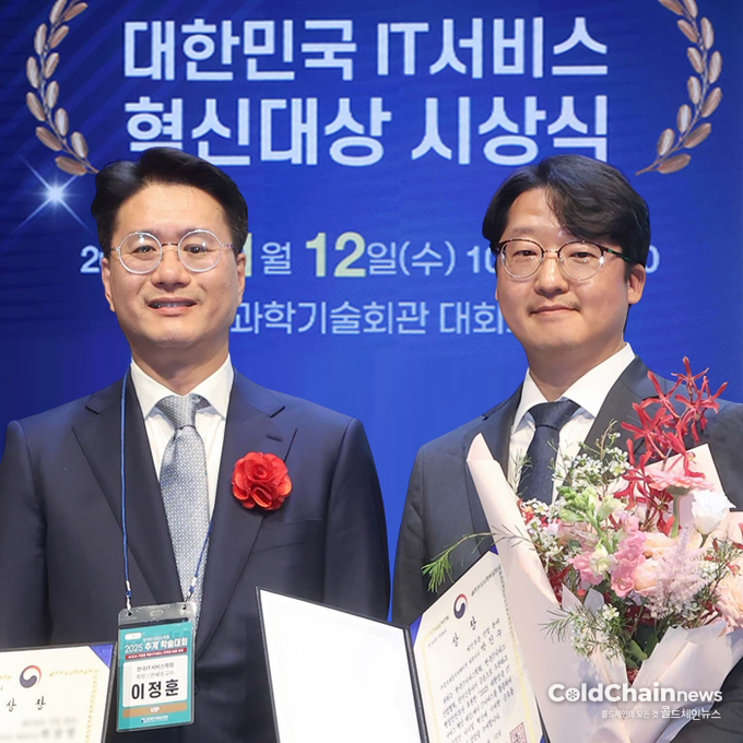 송유철 이사(오른쪽)가 박진수 대표를 대신해 ‘2025 대한민국 IT서비스 혁신대상’ 행안부 장관상을 대리수상하고 기념촬영하고 있다.