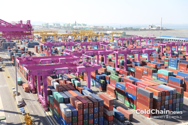 인천신항에 컨테이너 화물이 가득 차있다.